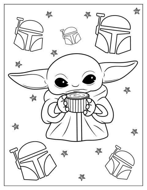 Baby Yoda, dessiné dans un style kawaii, boit une tasse de thé.