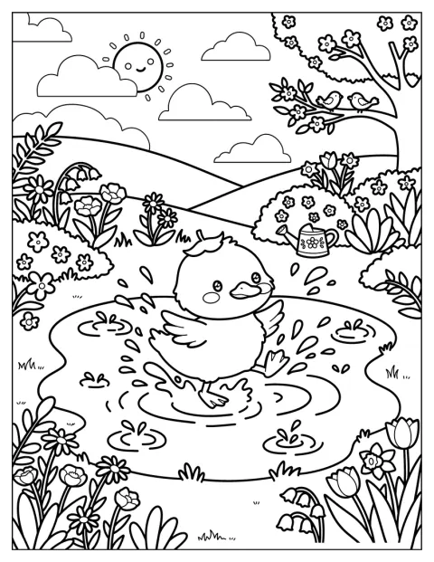 ひよこが春の池で水しぶきを上げて遊んでいます。