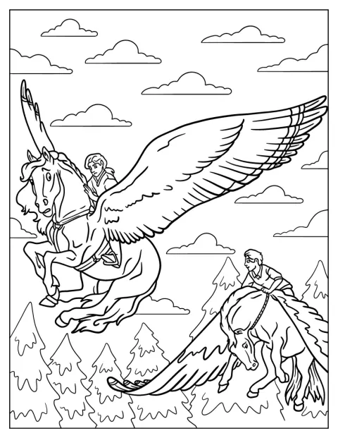 Flere mænd rider på en pegasus, der flyver gennem luften.