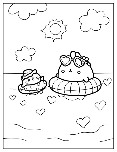 Molang e Piu Piu nadam juntos na água.