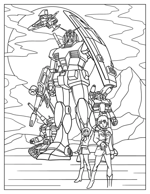 Amuro Ray og Frau Bow står sammen med en Gundam og jetfly.