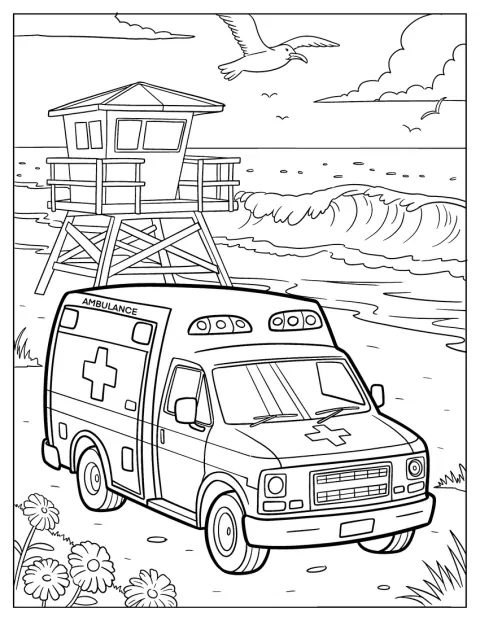 Een ambulance staat geparkeerd bij het strand, met hoge golven op de achtergrond.