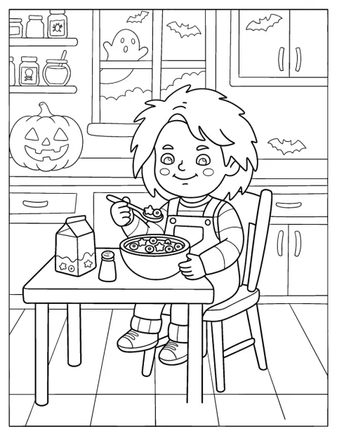 Chucky mangia una ciotola di cereali.