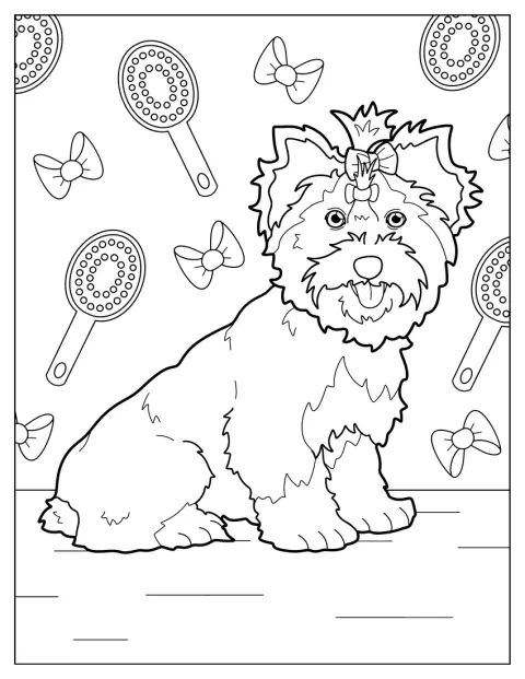 Um Yorkshire Terrier de estilo kawaii usa um laço na cabeça.