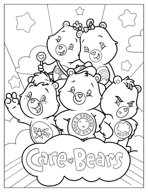 Små, nuttede baby-Care Bears står sammen.
