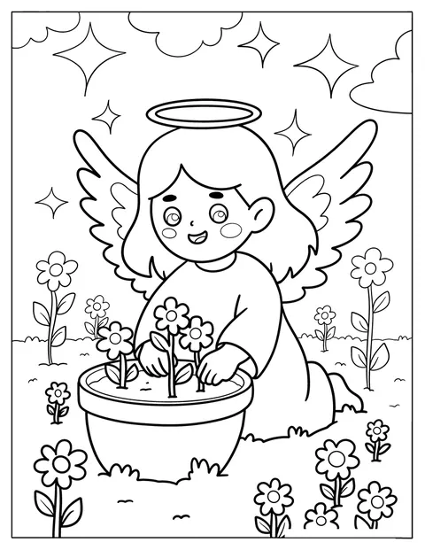 I en skyet eng fyldt med planter tager en smilende engel sig af blomsterne.