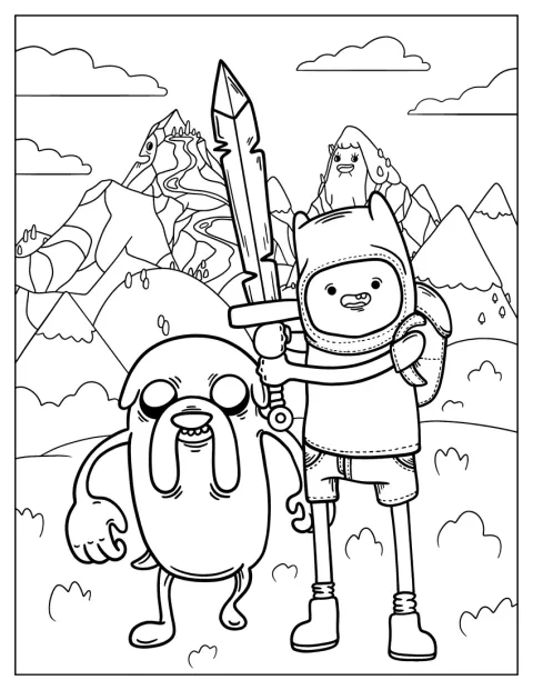 Finn kardot tart, mellette Adventure Time-beli barátja, Jake látható.