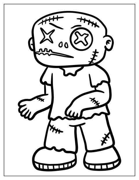 Um zumbi com pontos na cara e no corpo apresenta um aspeto simpático.