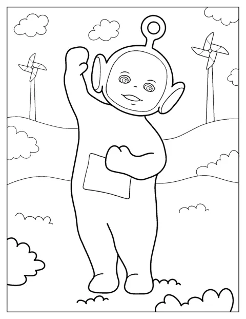 Usměvavá Po mává mezi stromy v lese.