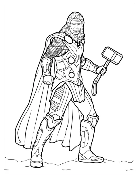 Thor aparece de pie, con su característico martillo en la mano.