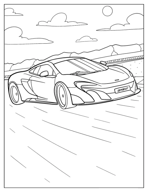 En McLaren 675LT kör längs vägen sedd snett framifrån.
