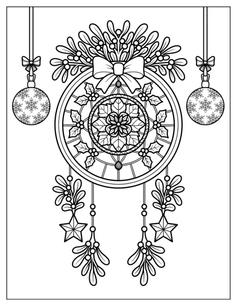 Un attrape-rêves orné de motifs mandala porte une guirlande de gui et des boules.