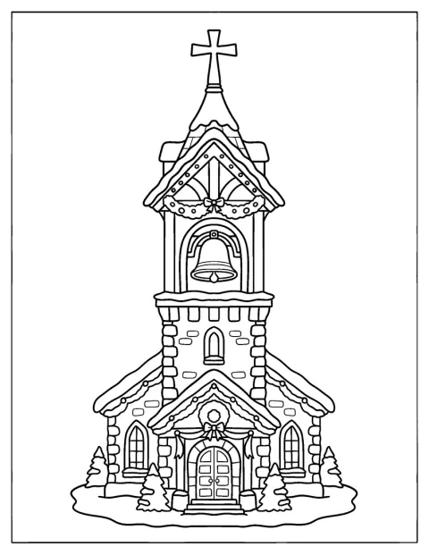 クリスマスを迎えた教会の建物が、シンプルに描かれています。