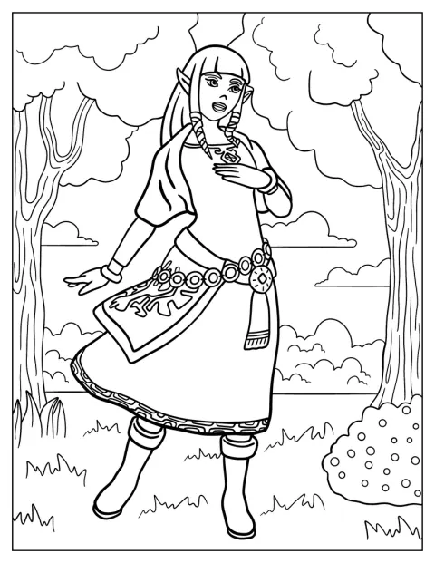 A Princesa Zelda canta rodeada por árvores na floresta.