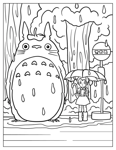 Totoro y Satsuki esperan en una parada de autobús.