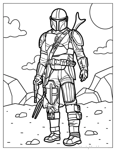 La armadura de The Mandalorian aparece detallada, lista para proteger al guerrero.