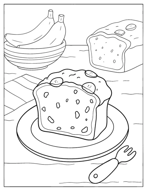 Banana Bread Slice on a Plate Coloring Page
