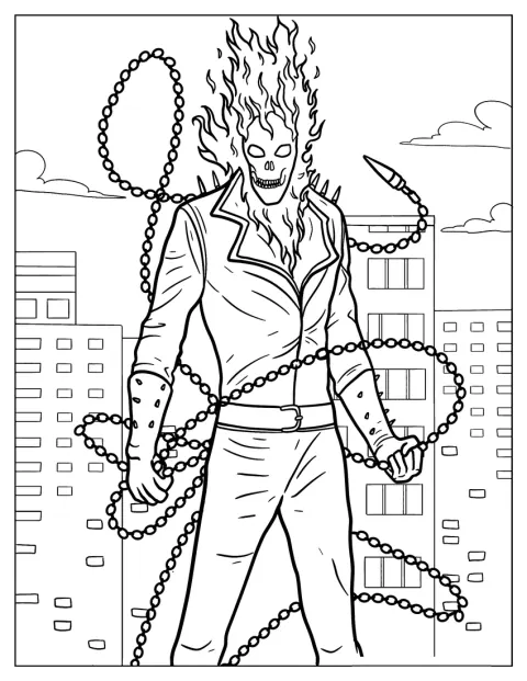 Ghost Rider sujeta su cadena infernal junto a su cuerpo.