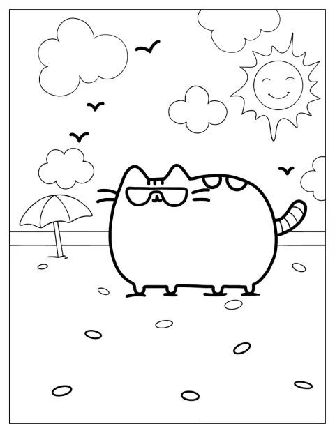Pusheen usa óculos de sol junto ao mar.
