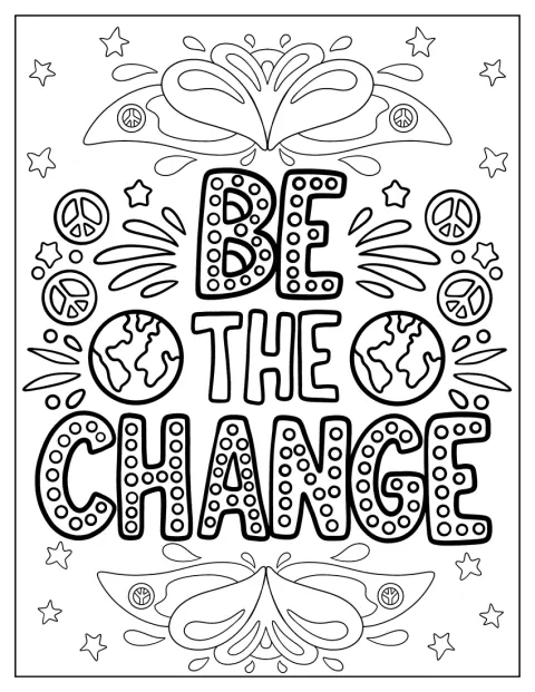 Orden ”Be the Change” omges av fredssymboler och naturmotiv.