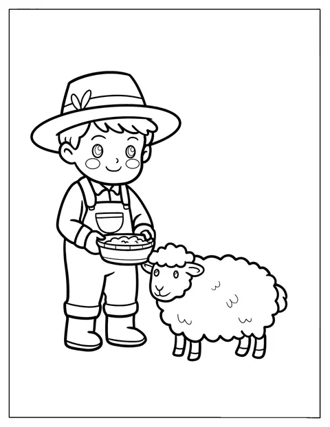 Mladý farmář podává na farmě potravu huňaté ovci.