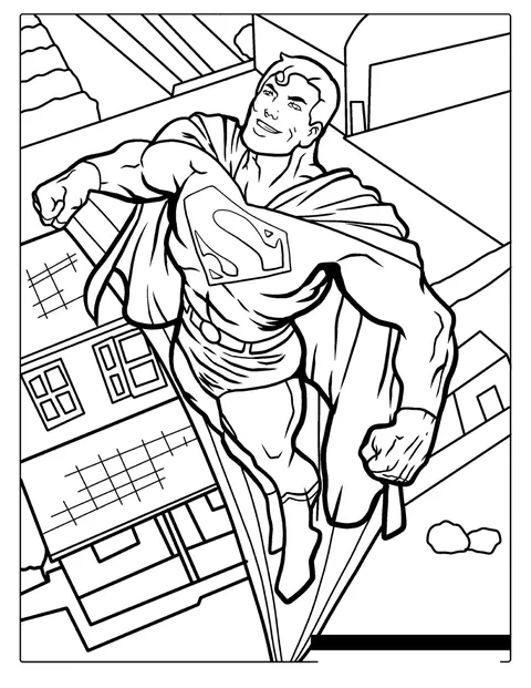 Superman flyger genom luften med sin mantel bakom sig.