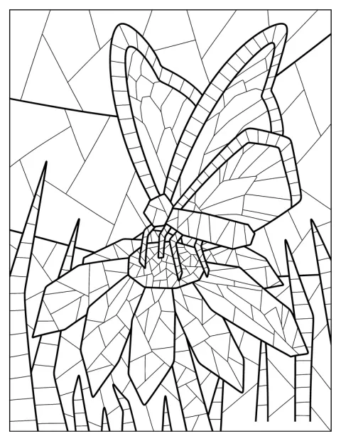 En sommerfugl sidder på en blomst i et mosaikmotiv.