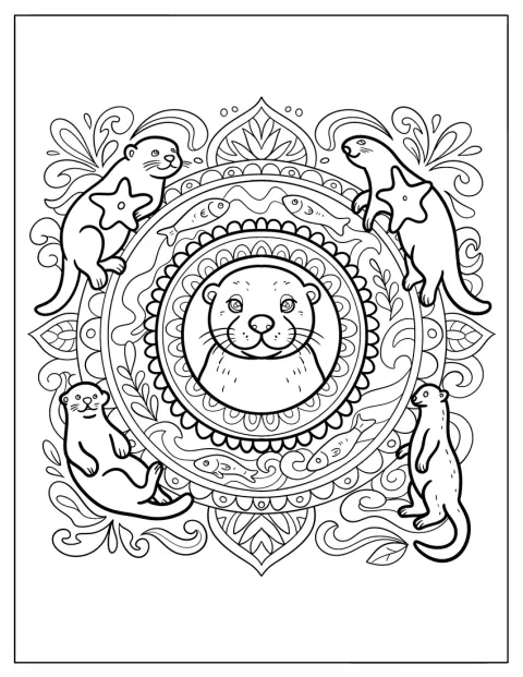 Une loutre entourée de motifs floraux et de poissons compose ce mandala.