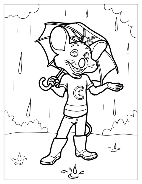 Chuck E. Cheese se protege de la lluvia con un paraguas.