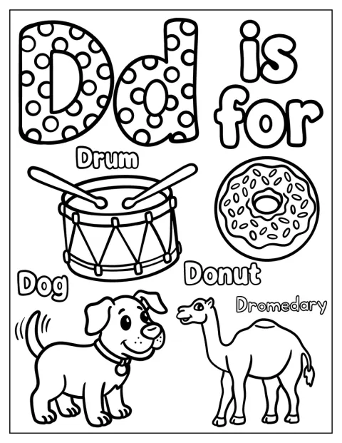 Un tambor, un dónut, un perro y un dromedario acompañan a la letra D.