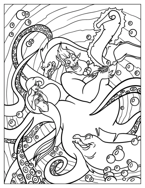 Ursula schließt mit Ariel einen Vertrag, während Flotsam und Jetsam daneben lauern.