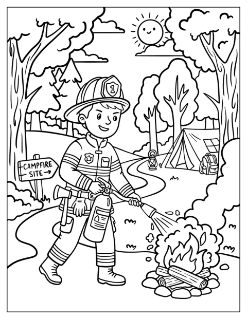 Firefighter Putting Out a Bonfire Coloring Sheet