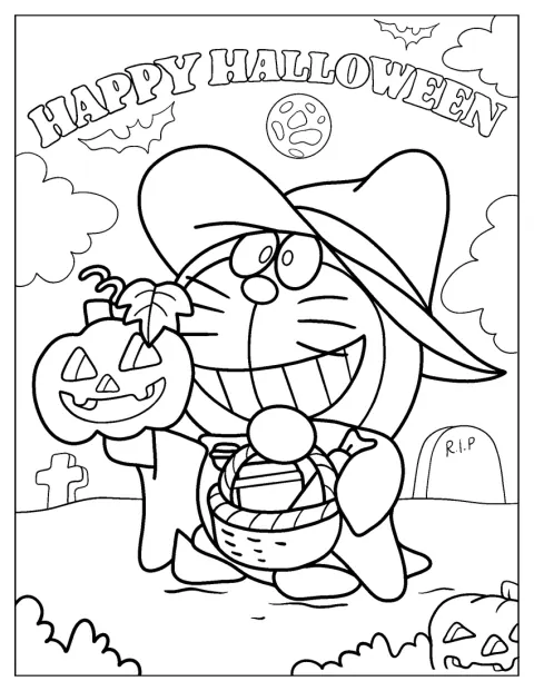 Doraemon v halloweenském kostýmu obchází domy a koleduje o sladkosti.