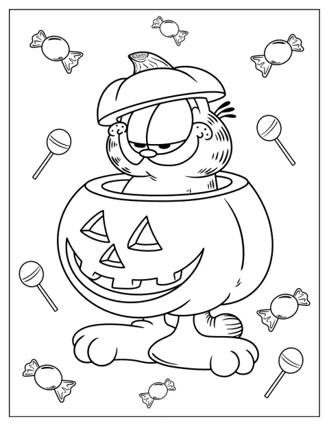Garfield fa capolino da una zucca intagliata per Halloween.