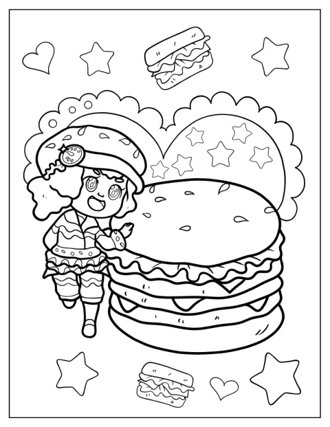 En chibiflicka står bredvid en jättestor hamburgare.