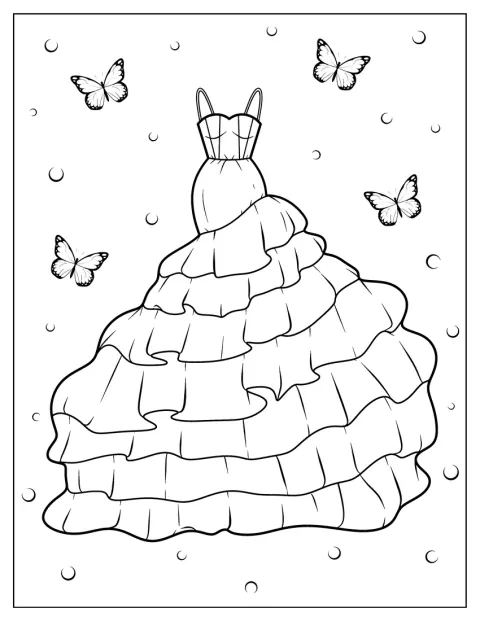 Um vestido de sereia termina numa saia ampla, feita de várias camadas de tule.