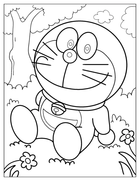 Doraemon står framåtvänd med ett vänligt uttryck.