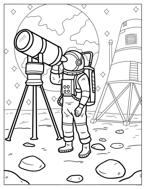 En astronaut tittar på stjärnorna genom ett teleskop på en kraterfylld planet.