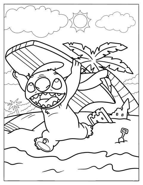Stitch corre pela areia com uma prancha de surf.