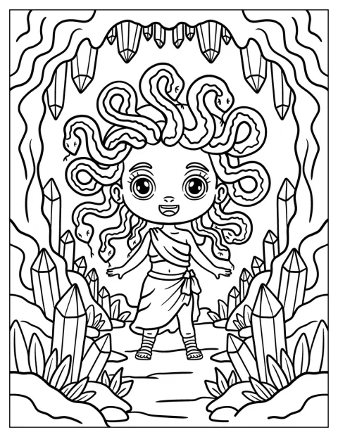 赤ちゃんメデューサが、きらきら輝く水晶の洞窟にいます。