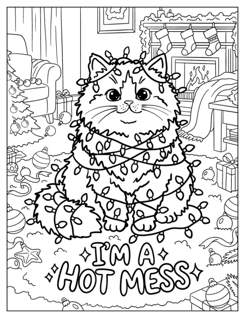 Een pluizige kat zit ingewikkeld in kerstlampjes.