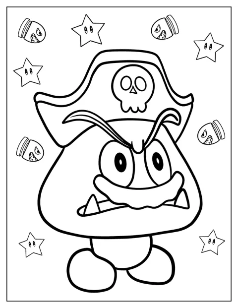 Um Goomba usa um chapéu de pirata.
