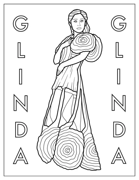 Glinda har på seg en rosa kjole med mange volanger.