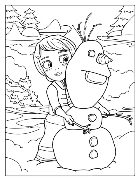 La giovane Elsa e Olaf giocano tra la neve.