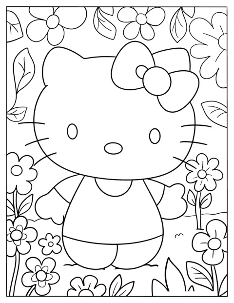 Hello Kitty je obklopená sedmikráskami.