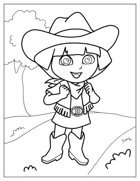 Dora veste da cowgirl con cappello e stivali.