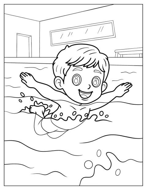 笑顔の男の子が、プールの水の中を泳いでいます。