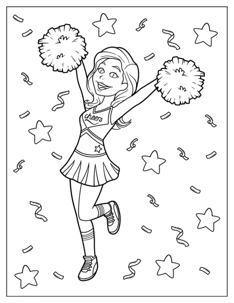Urocza cheerleaderka pozuje wśród spadającego konfetti.