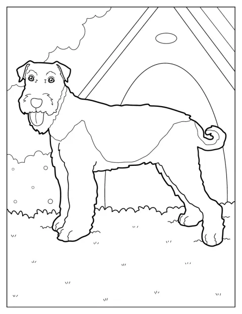 テリアが犬小屋の前に立っています。