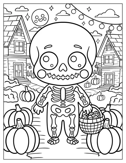 Een skeletkind haalt snoep op in een spookachtig dorp.